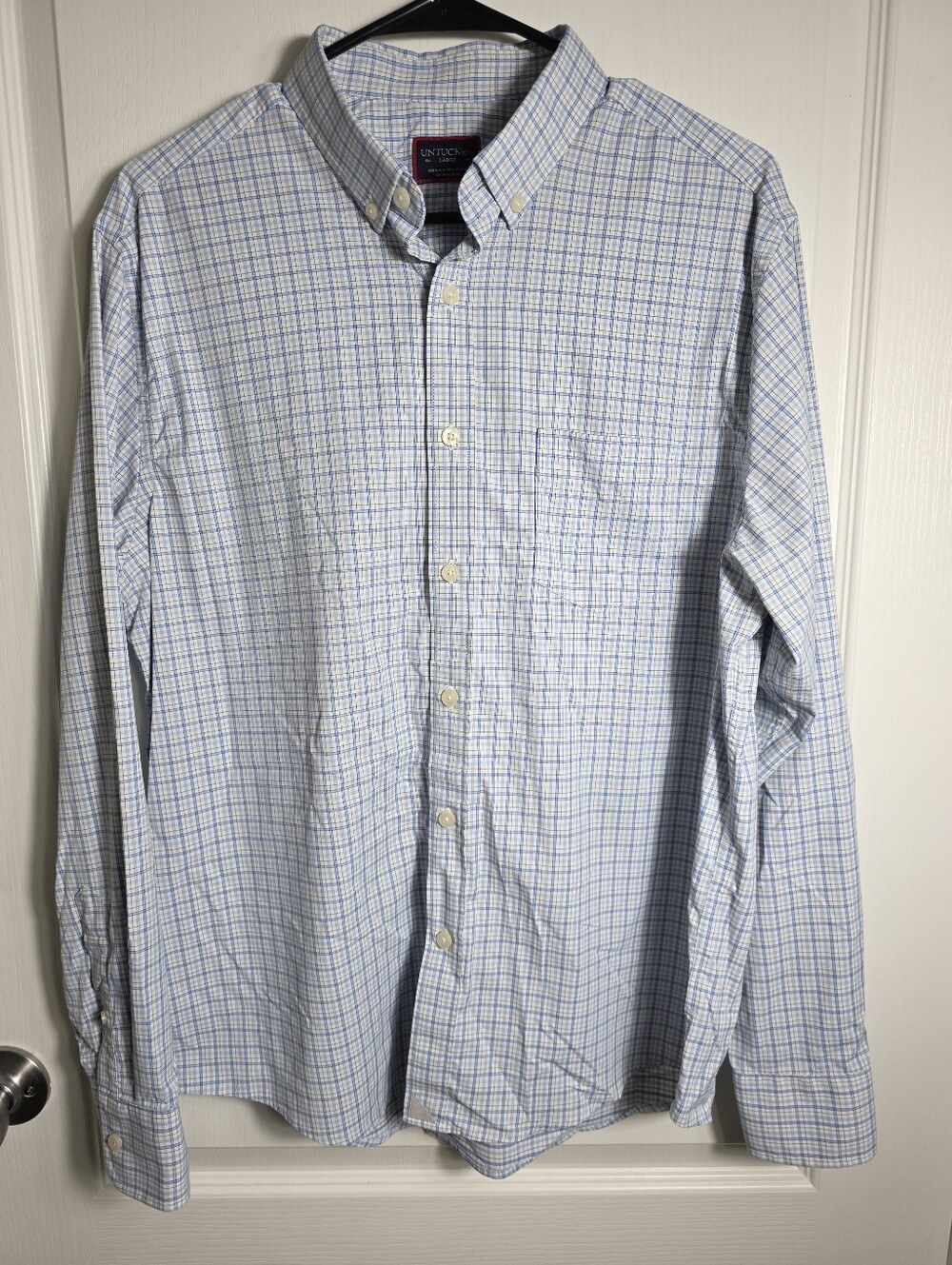 Mens Untuckit Button Down Chateau Checkered Plaid Blue White Large